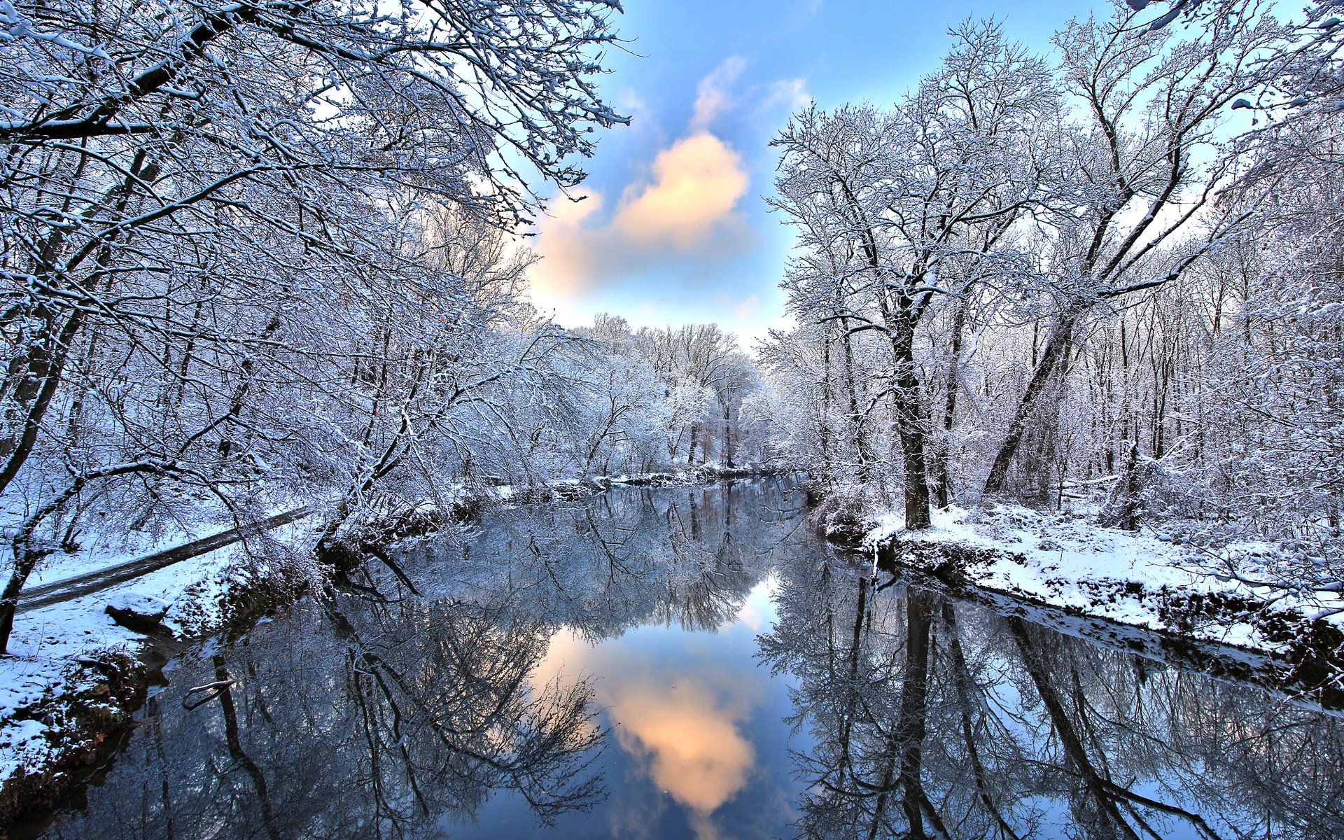 river, Forest, Snow, Reflection, Winter Wallpaper