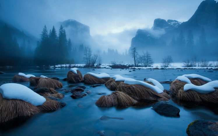 snow, River, Rocks, Mountains, Water, Fog HD Wallpaper Desktop Background
