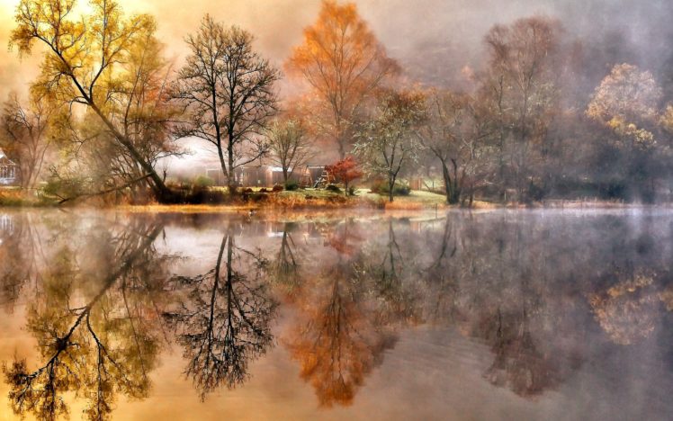 foliage, Autumn, Houses, Smoke, Trees, River, Beach HD Wallpaper Desktop Background