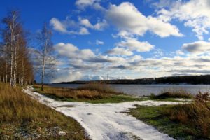 birch, River, Clouds, Volga, Grass, Sky, Spring, Snow