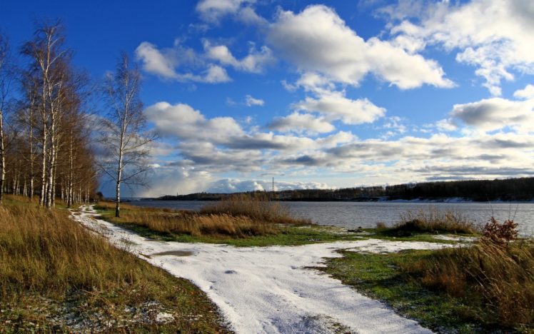 birch, River, Clouds, Volga, Grass, Sky, Spring, Snow HD Wallpaper Desktop Background