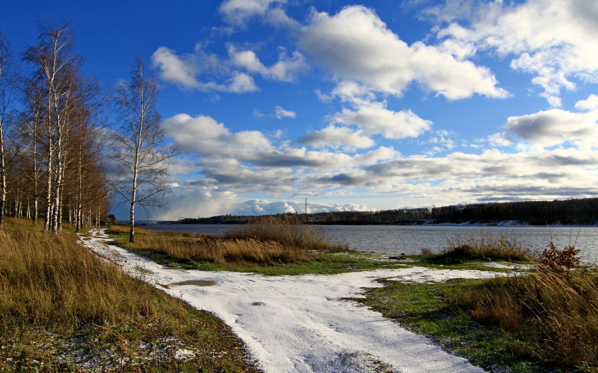 birch, River, Clouds, Volga, Grass, Sky, Spring, Snow Wallpaper