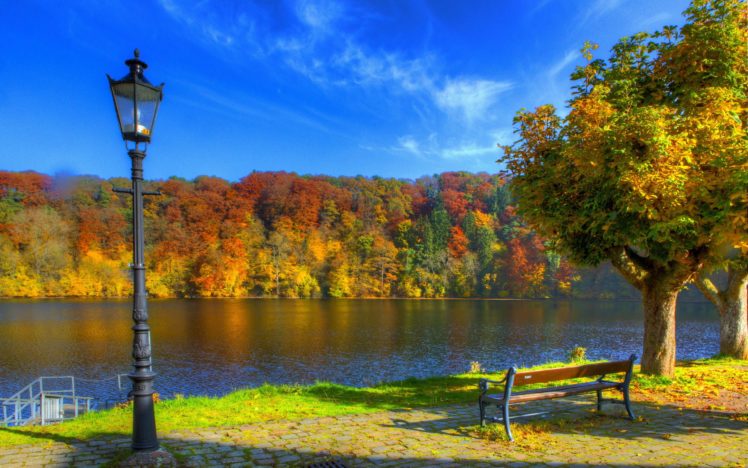 bench, Sky, Autumn, Lights, River, Ulm, Germany HD Wallpaper Desktop Background