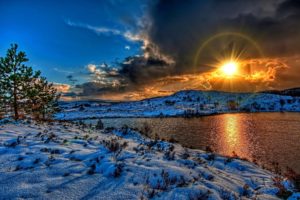 sun, River, Sky, Snow, Winter, Clouds, Nature, Sunset