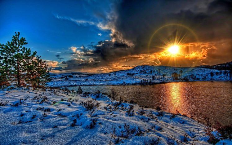 sun, River, Sky, Snow, Winter, Clouds, Nature, Sunset HD Wallpaper Desktop Background