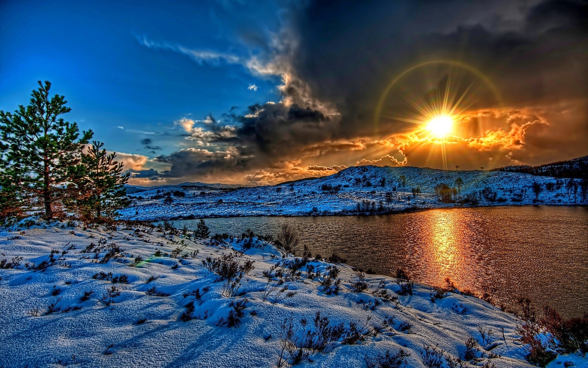 sun, River, Sky, Snow, Winter, Clouds, Nature, Sunset Wallpaper