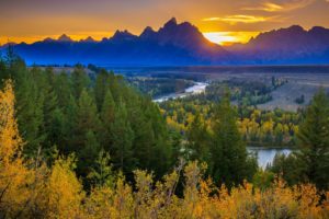 mountains, Snake, River, View, Sun, Autumn, Sunset, River, Forest, Grand, Tetons
