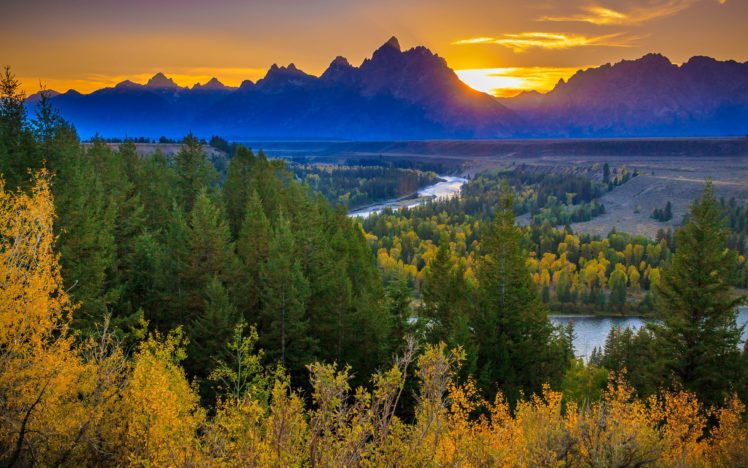 mountains, Snake, River, View, Sun, Autumn, Sunset, River, Forest, Grand, Tetons HD Wallpaper Desktop Background