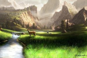 art, Deer, Antlers, Grass, Mountains, Deer, River, Stones, Fel x