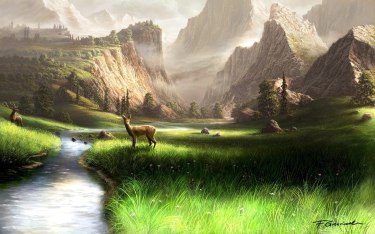 art, Deer, Antlers, Grass, Mountains, Deer, River, Stones, Fel x HD Wallpaper Desktop Background