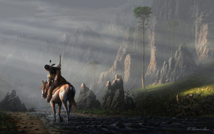 art, Landscape, Fel x, Man, Horse, Feathers, Horse HD Wallpaper Desktop Background