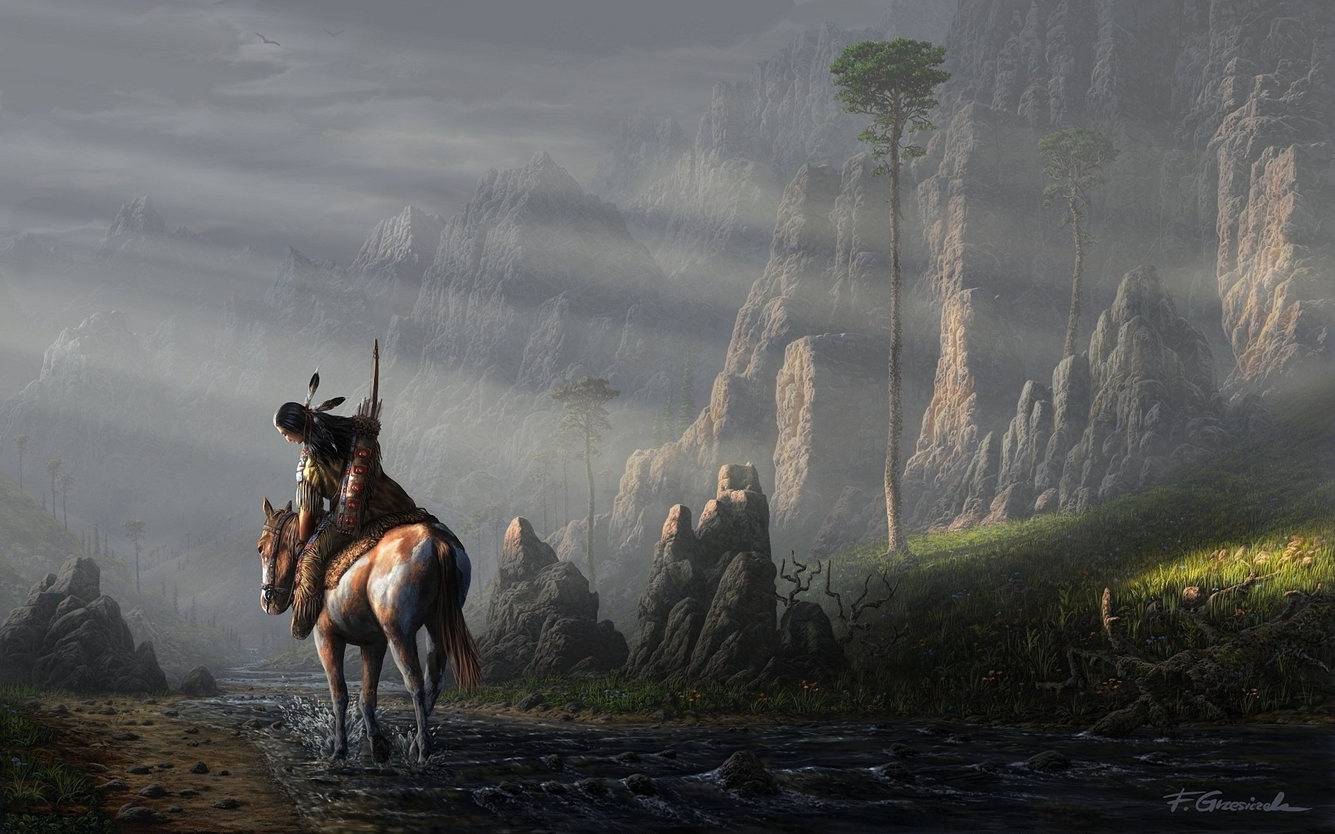 art, Landscape, Fel x, Man, Horse, Feathers, Horse Wallpaper