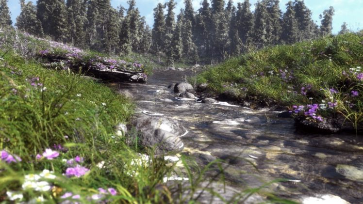 art, Flowers, Rocks, Field, River, Nature, Grass HD Wallpaper Desktop Background