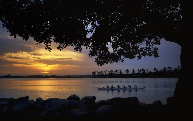 river, Boat, Canoe, Sunset, Team, Trees, Swimming HD Wallpaper Desktop Background