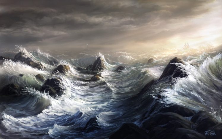 art, Ship, Storm, Fel x, Sailboat, Waves, Lighthouse, Sea HD Wallpaper Desktop Background