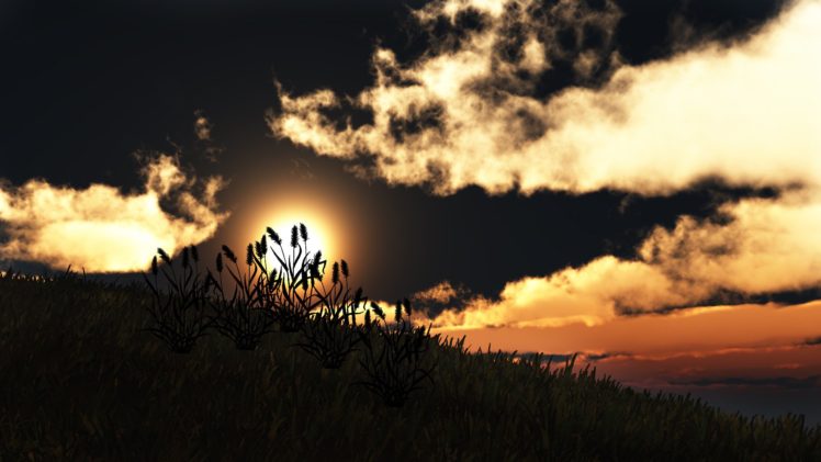 art, Sunset, Nature, Silhouettes, Hill, Clouds, Grass, Sun HD Wallpaper Desktop Background