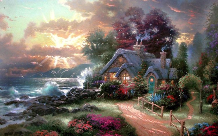 , A, New, Day, Dawning, Thomas, Kinkade, Painting, Beauty, Sea, Sky, House HD Wallpaper Desktop Background