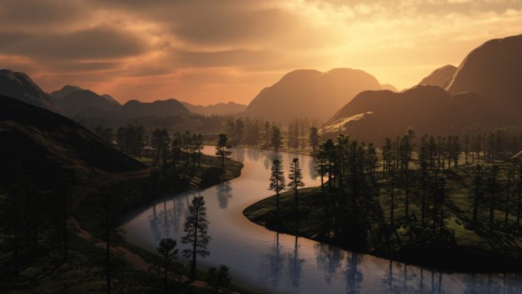 mountains, Nature, Sunset, River HD Wallpaper Desktop Background