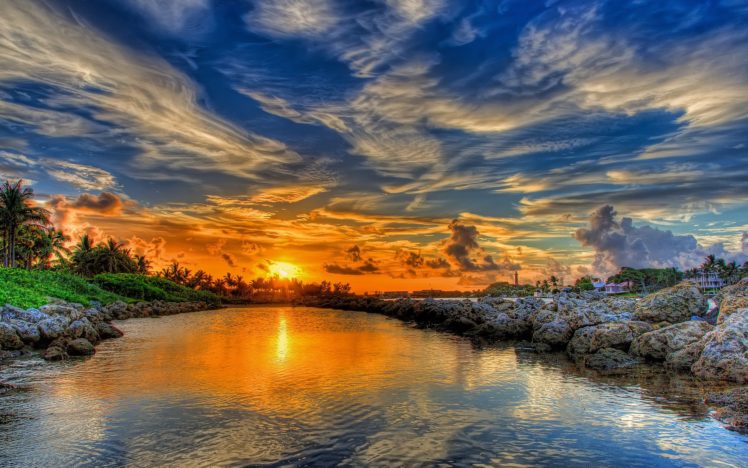 landscape, Sunset, Clouds, Sky, Nature, River, Water HD Wallpaper Desktop Background