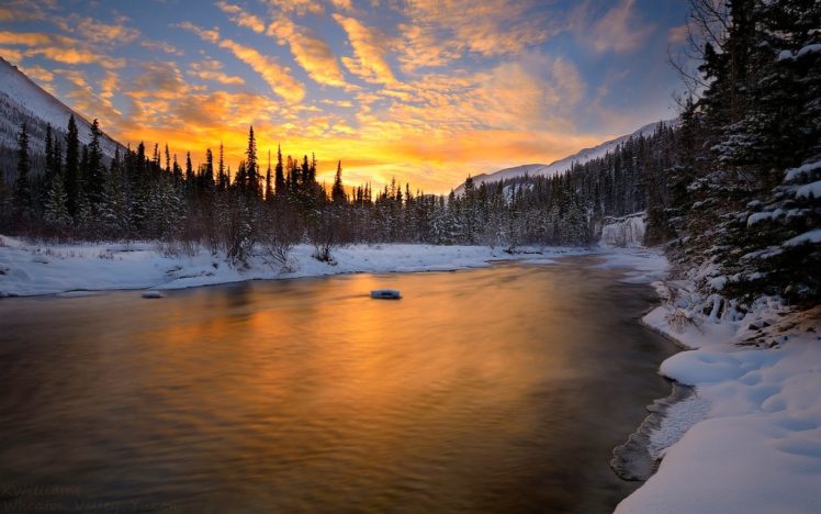 nature, Sky, White, Winter, Snow, Sunset, River, Clouds HD Wallpaper Desktop Background