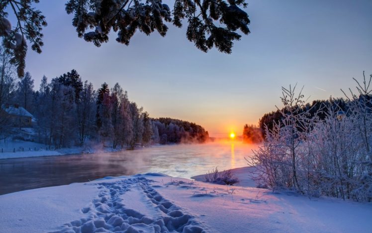 sky, Sunset, River, Snow, White, Winter, Nature, Clouds HD Wallpaper Desktop Background