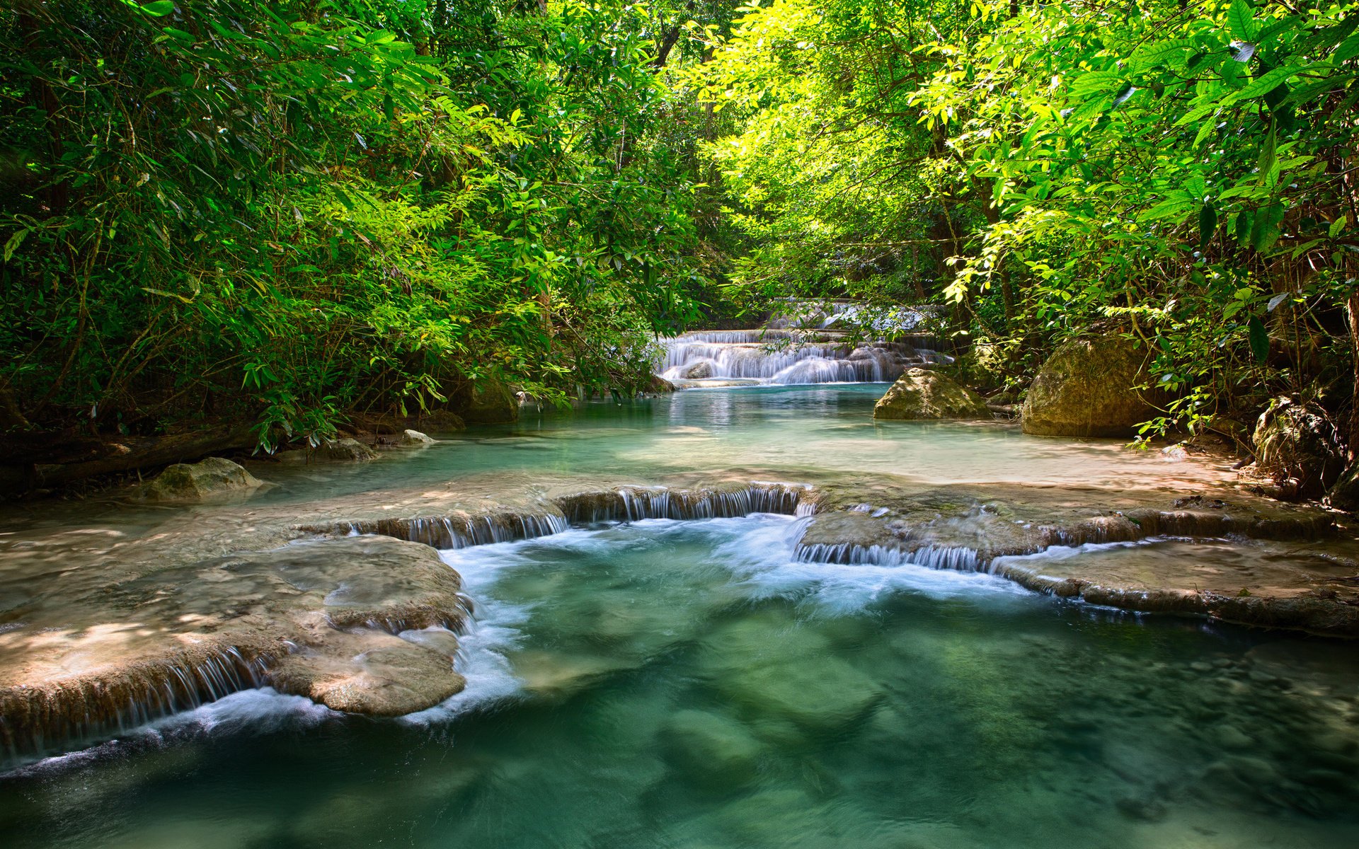 trees, Greenery, Leaves, River, Waterfalls, Thailand Wallpaper