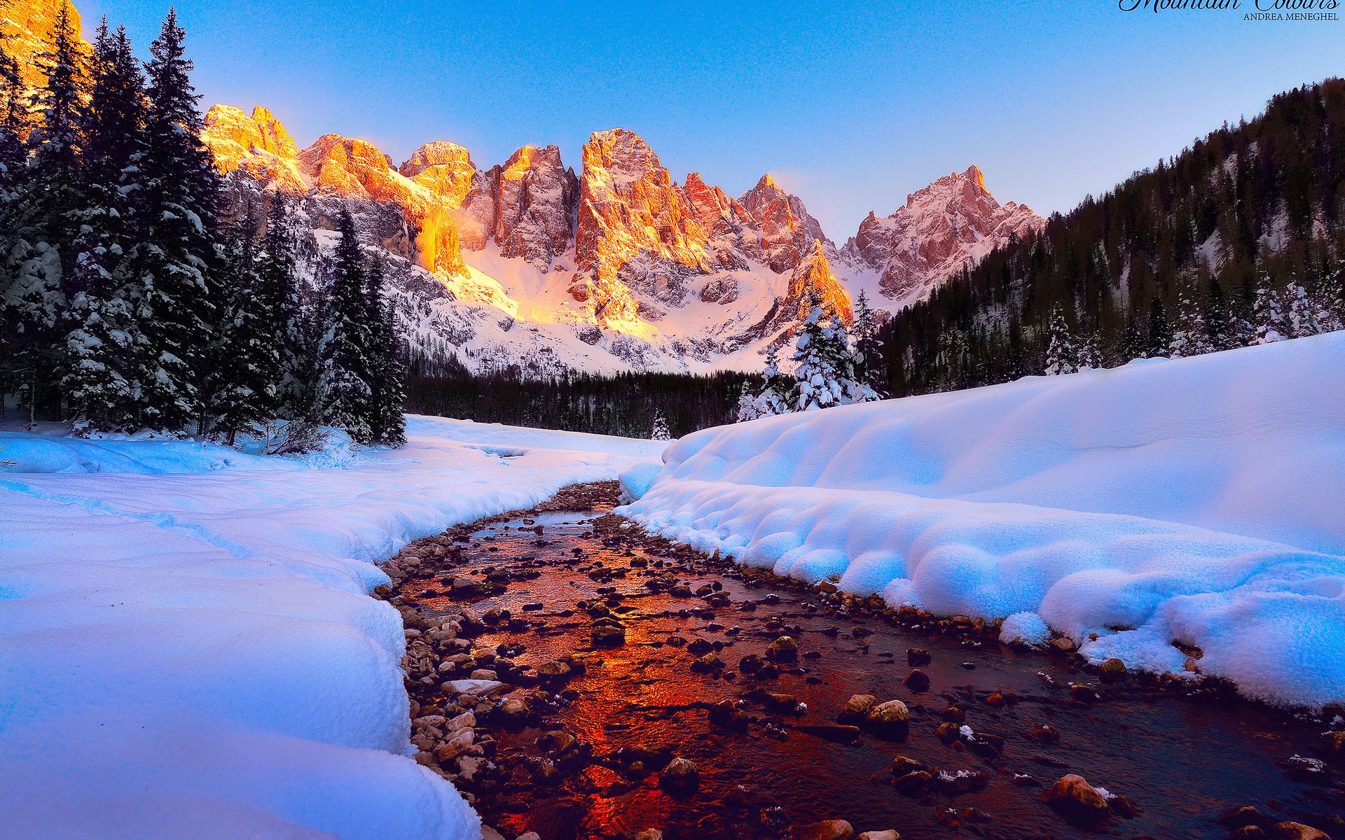 light, Dolomites, River, Sky, Forest, Mountains, Peaks Wallpaper