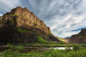 clouds, Sky, River, Stones, Water, Flow, Grass, Canyon