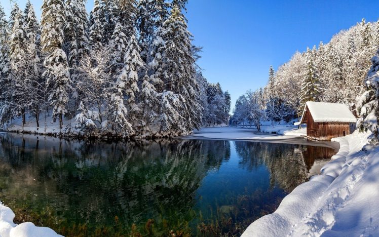 white, River, Reflection, Nature, Sky, Snow, Winter, House HD Wallpaper Desktop Background