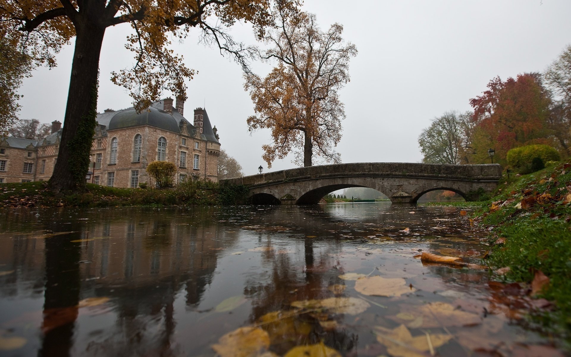 bridge, Autumn, Water, Leaves, Pond, Rain, House Wallpaper