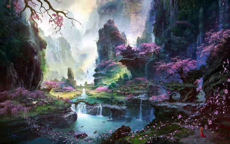 cherry, Asia, Trees, Art, River, Landscape, Waterfall, Temple HD Wallpaper Desktop Background