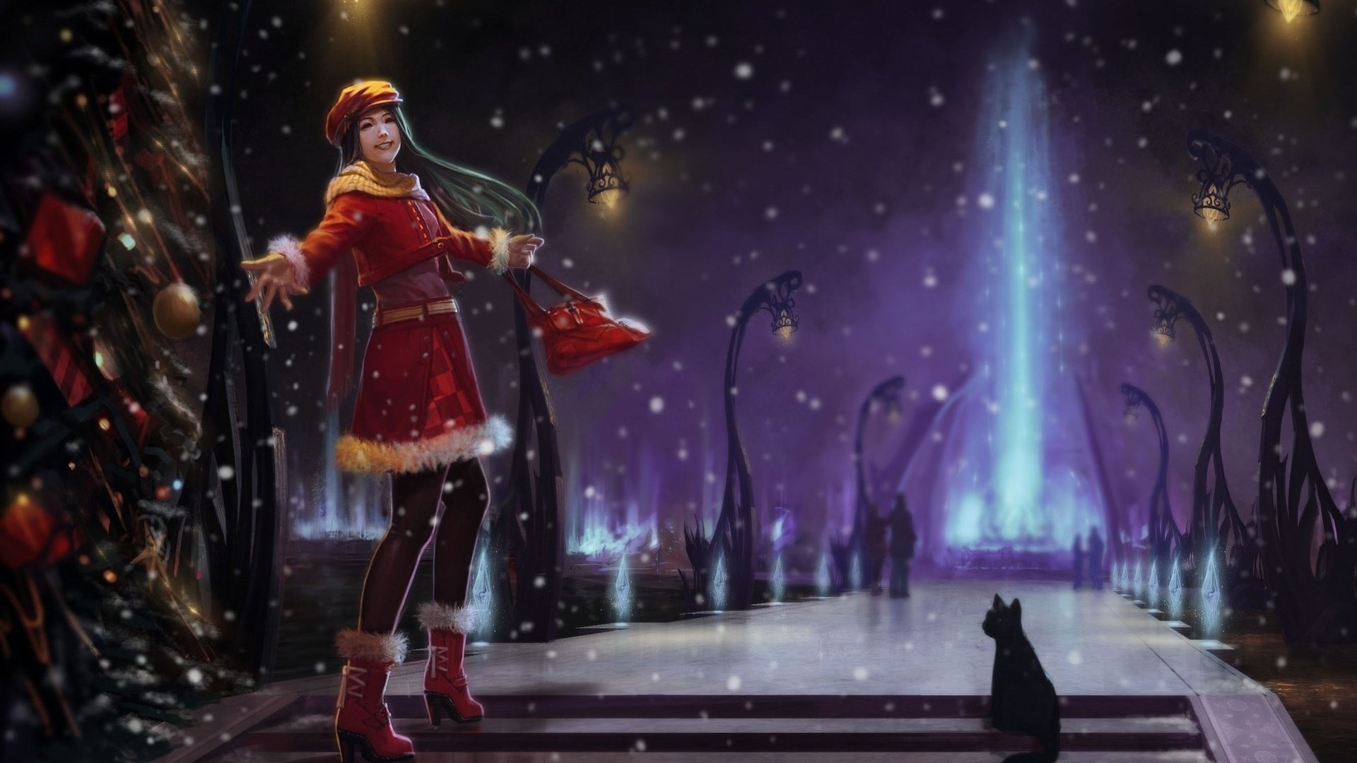 cat, Girl, Night, Fun, Tree, Winter, Art, Snow Wallpaper