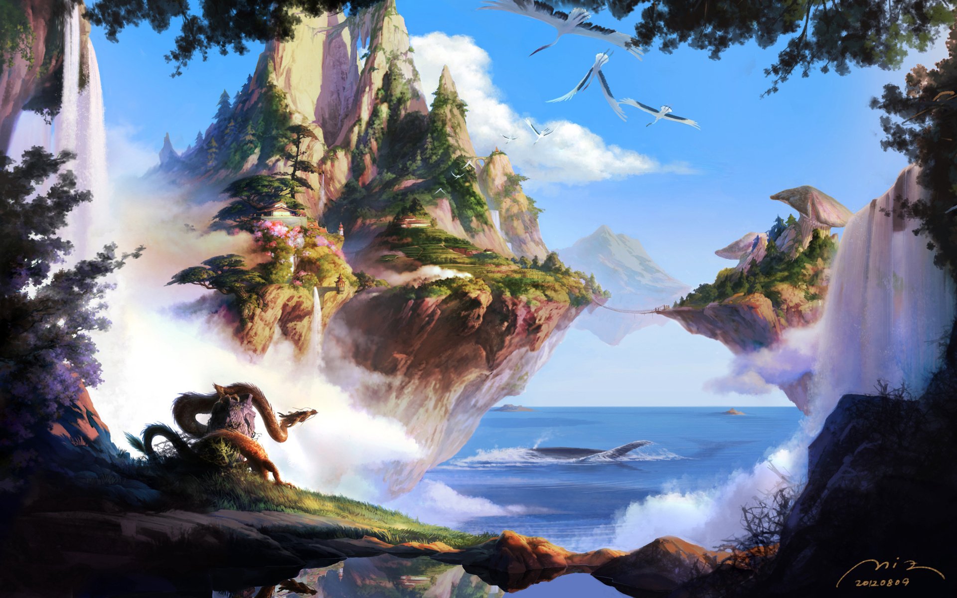 dragon, Sea, Islands, Nature, Art, Bridge, Flying Wallpaper