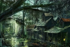 forest, People, Buildings, Houses, Marsh, A, Village, Of, Art
