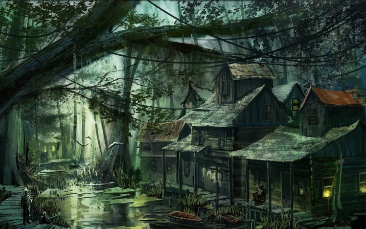 forest, People, Buildings, Houses, Marsh, A, Village, Of, Art HD Wallpaper Desktop Background