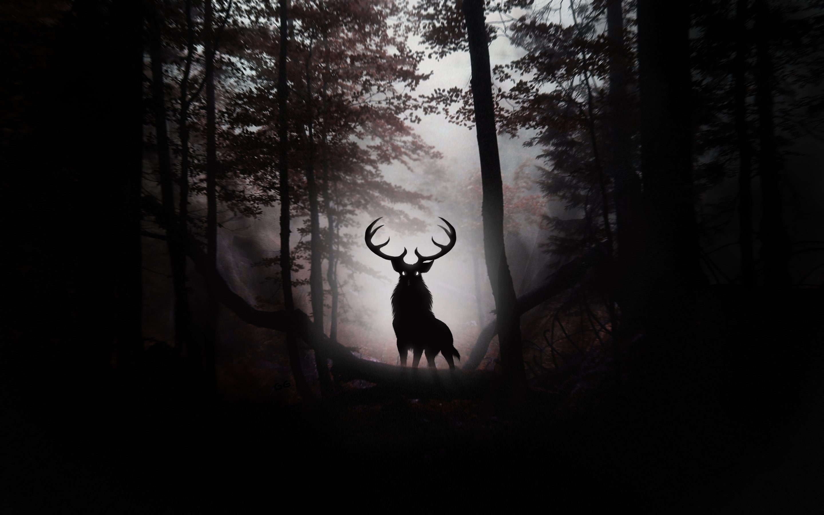 fog, Animal, Trees, Leaves, Art, Deer, Antlers, Forest Wallpaper