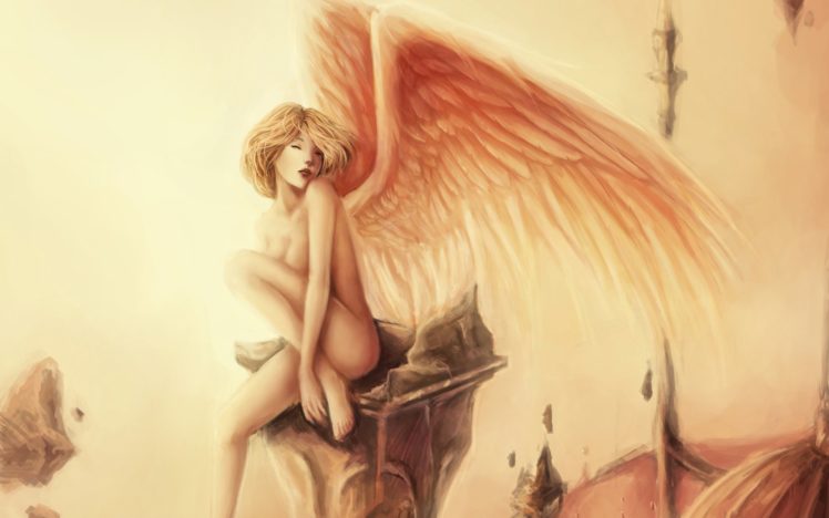 girl, Art, Wings, Naked, Roof, Sitting, Tenryuji, Angel HD Wallpaper Desktop Background