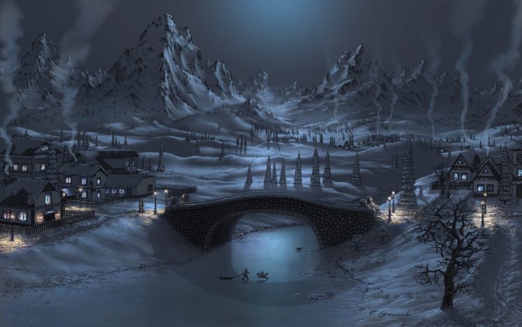 house, Bridge, Lights, River, Mountains, Winter, Snow, Fel x, Kids, Ice HD Wallpaper Desktop Background