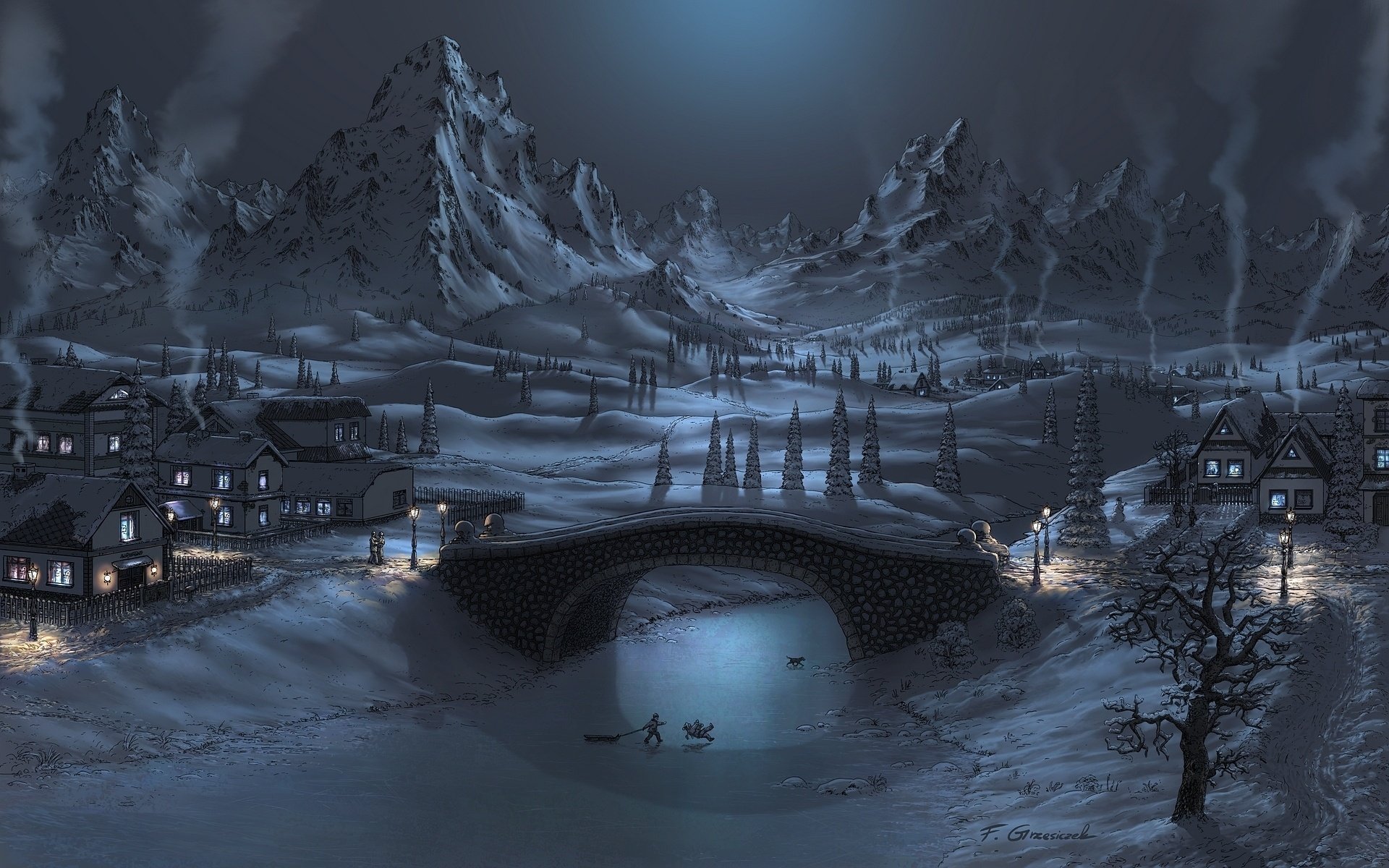 house, Bridge, Lights, River, Mountains, Winter, Snow, Fel x, Kids, Ice Wallpaper