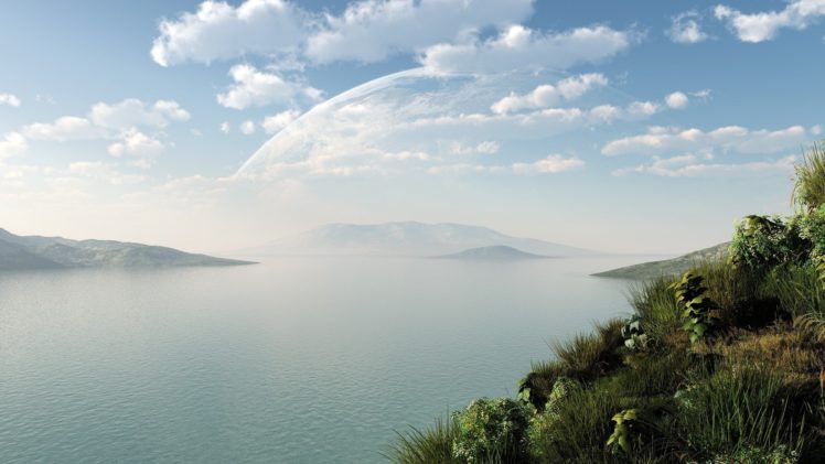 , Lake, River, Art, Green, Grass, Landscape, Water, Hills HD Wallpaper Desktop Background