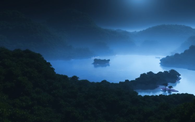 hills, Fog, Sea, Lake, Forest, Island, Night, Art HD Wallpaper Desktop Background