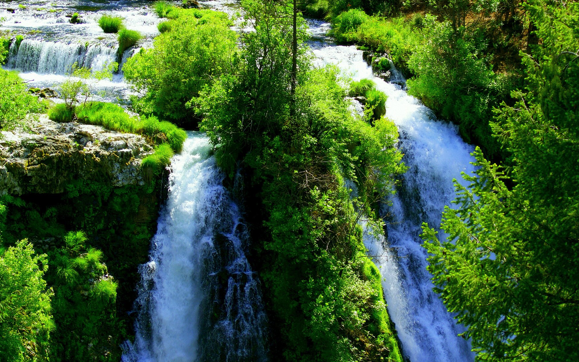 green, Bright, Many, Waterfall, Water Wallpaper