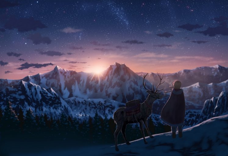 anime, Series, Nauimusuka, Art, Deer, Mountains, Stars HD Wallpaper Desktop Background