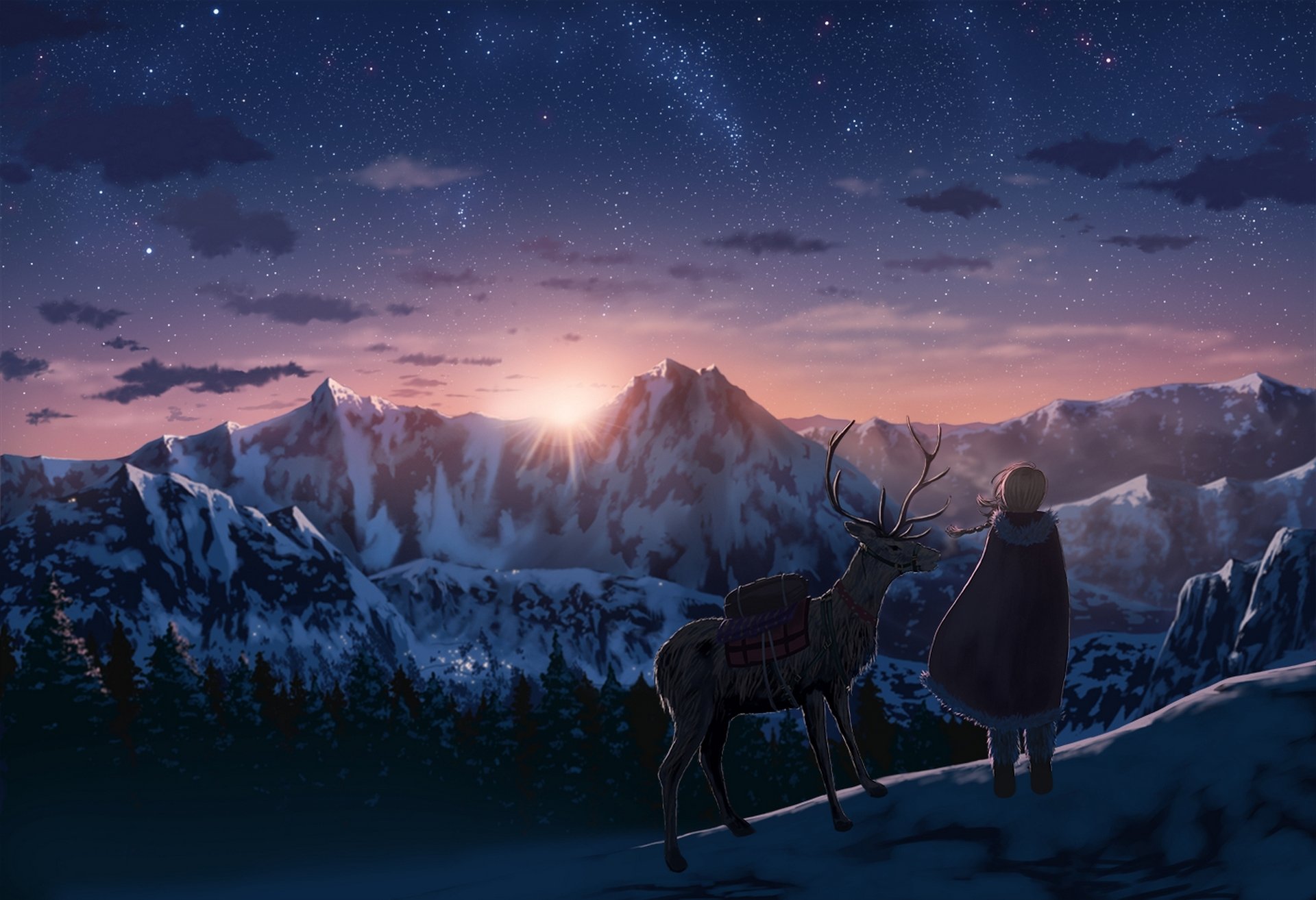 anime, Series, Nauimusuka, Art, Deer, Mountains, Stars Wallpaper
