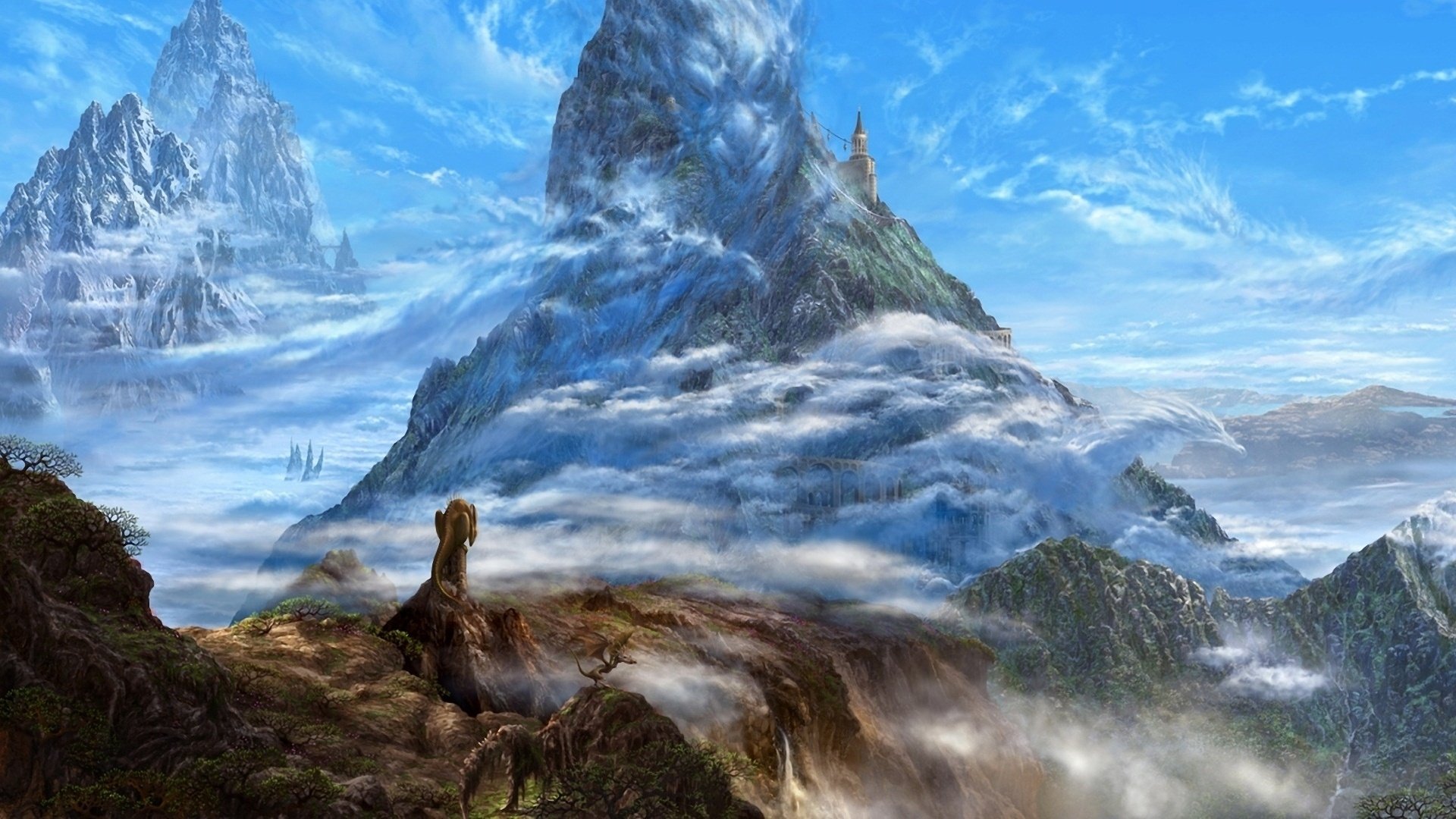 kazamasa, Uchio, Mountains, Art, Clouds, Fantasy, Ucchiey, Dragons, Rocks Wallpaper