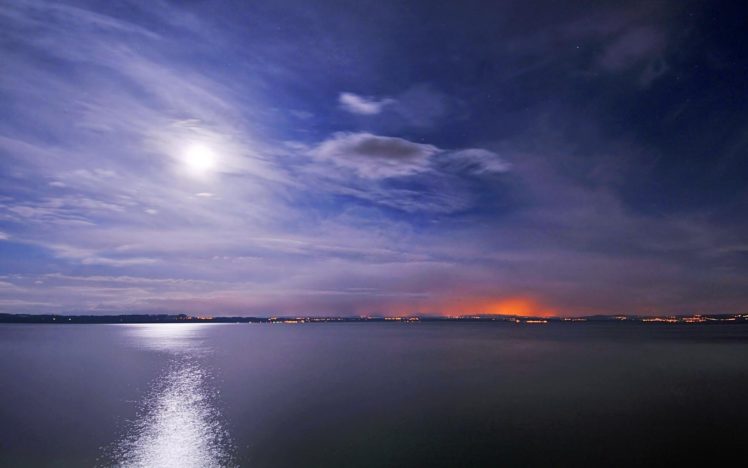 lake, Night, Sky, Moon, Sea, Cloud HD Wallpaper Desktop Background