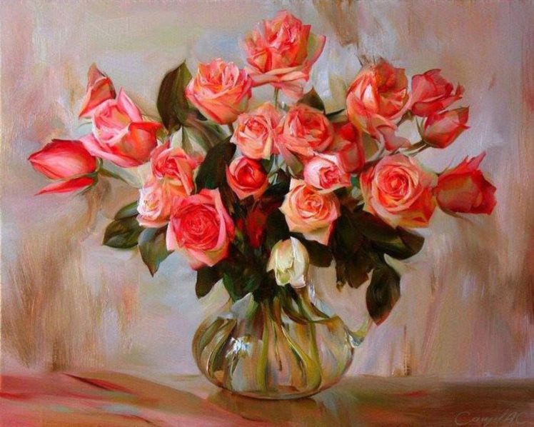 gorgeous, Roses, Vase, Art, Paintin HD Wallpaper Desktop Background