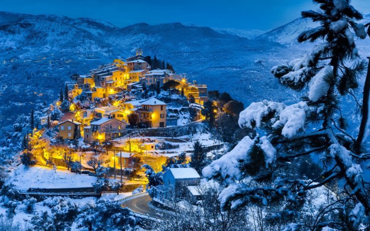 lights, Night, Snow, Town, Mountain, Dusk, Forest, Winter HD Wallpaper Desktop Background