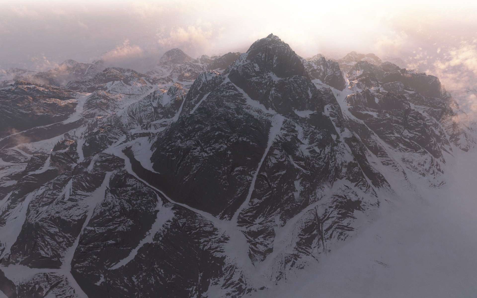 mountains, Snow, Range, Peak, Mist, Art, Clouds Wallpaper