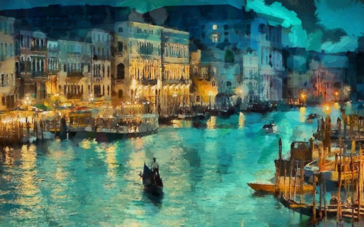 night, Canal, Lights, House, Venice, Art, Gondola, Italy, Painting HD Wallpaper Desktop Background